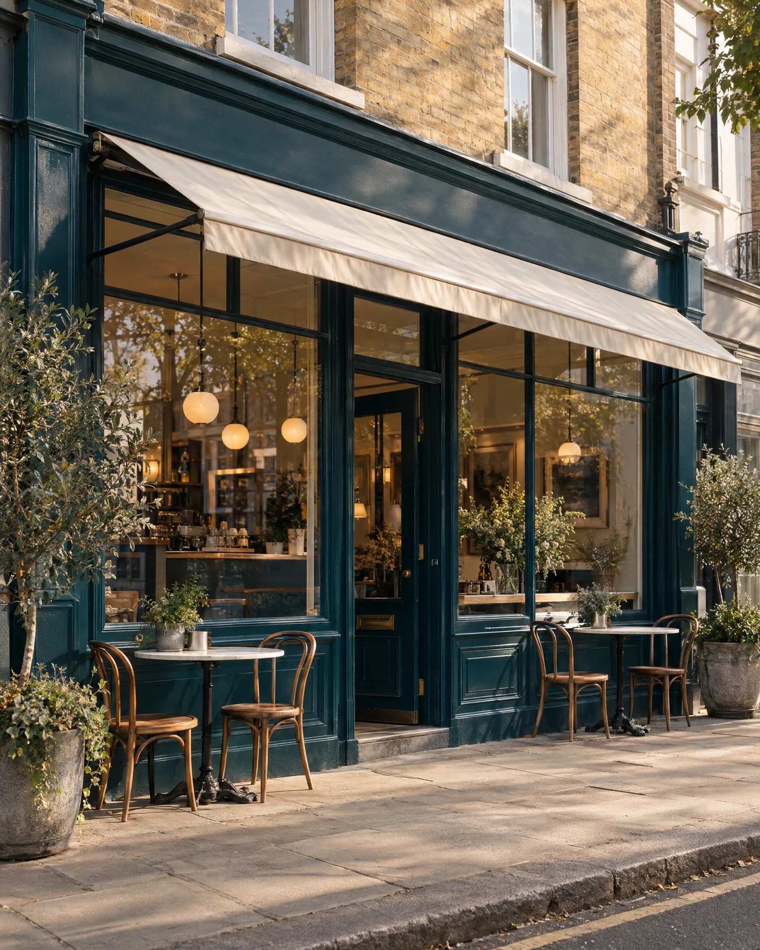 Illustrative independent café with a teal shopfront and outdoor seating